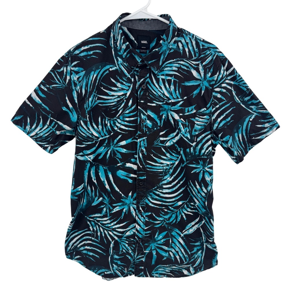 Vans Mens Tailored Fit Short Sleeve Button Down Shirt Teal Black Palm Leaf Med‎